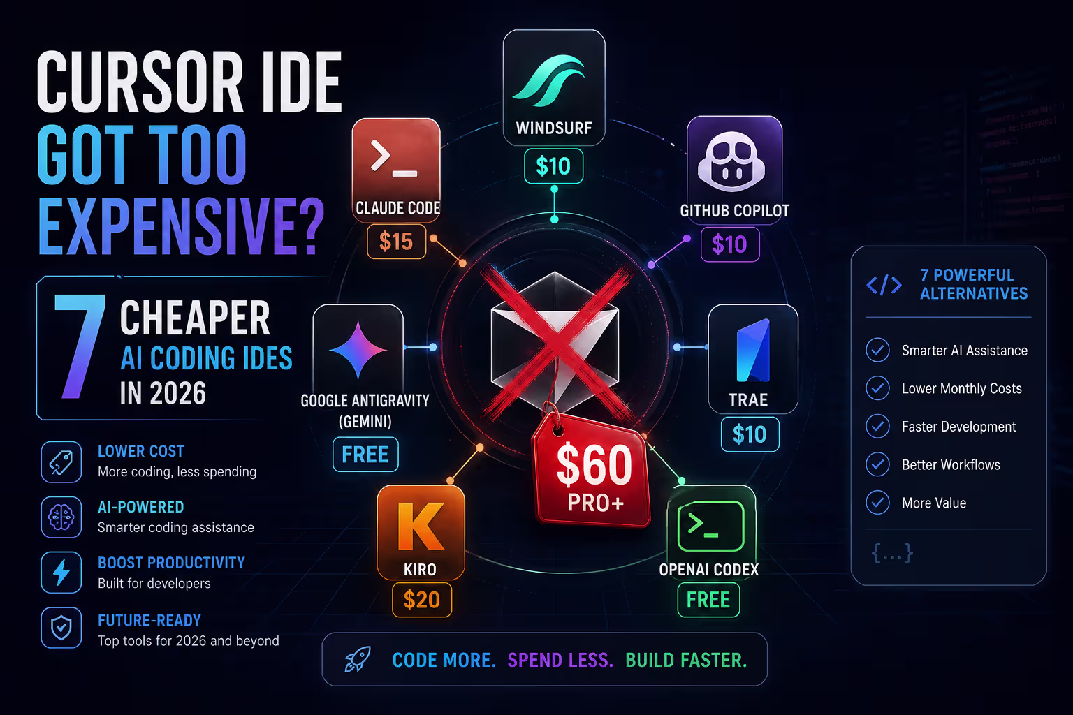 Cursor IDE alternatives 2026 — seven AI coding IDEs compared on a developer's desk with pricing dashboards and code editors visible